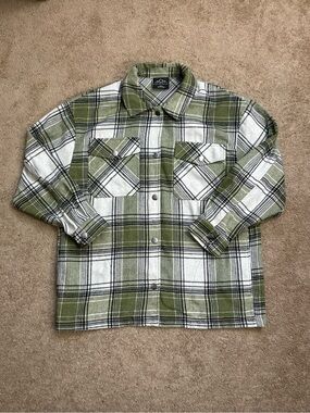 HFX Men's Plaid Flannel Shirt Jacket Green White Black Small EG Overshirt
